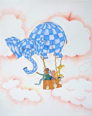 A drawing of a hot air balloon in which the balloon is shaped like an elephant