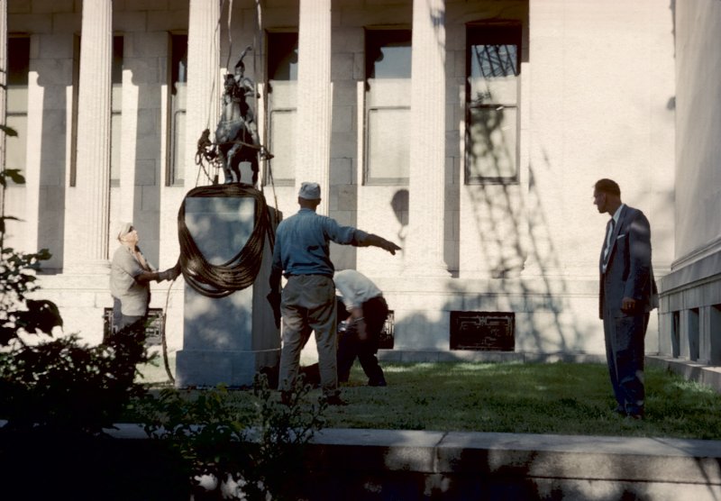 Moving Charles Cary Rumsey's Pizarro to the west side of the museum on August 1, 1960