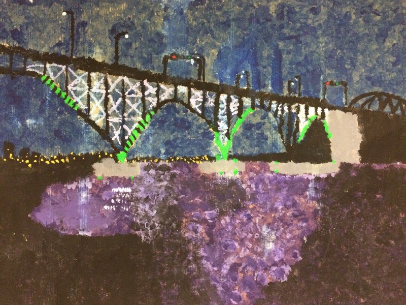 Painting of a bridge reflected in the water at night