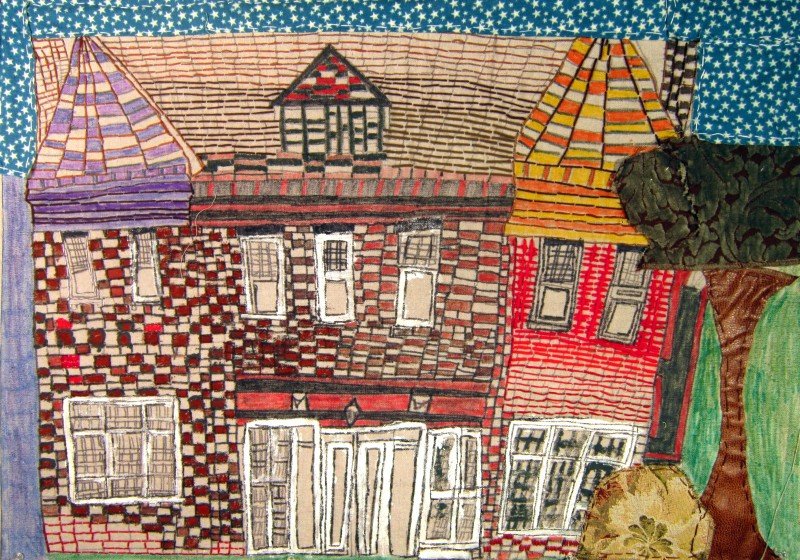 Image of a colorful house with intricate brickwork on collage background