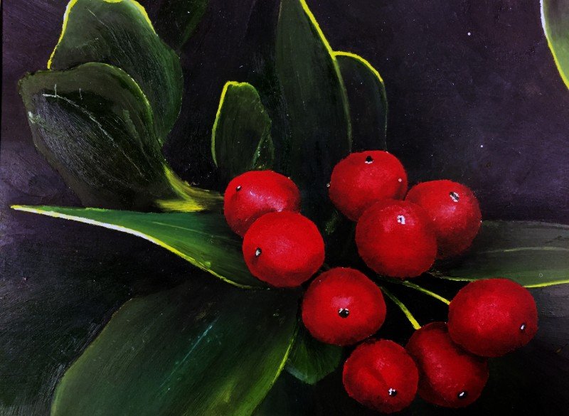 Painting of red berries with greenery on black background