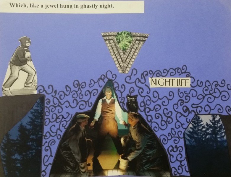 Collage with foreboding figures and text reading "Which hung like a jewel in the night" on purple background