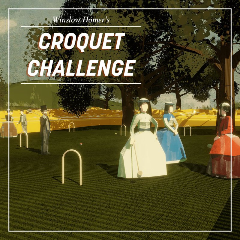 Digitally animated croquet players in victorian style dresses with the words Croquet Challenge in the top left corner