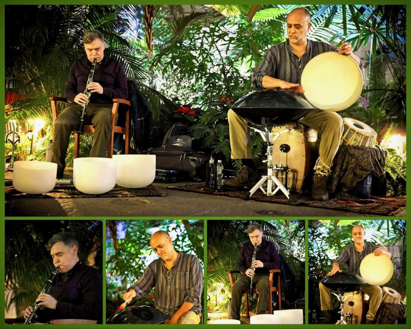 Grid of images stacked on top of one another of two older men playing drums and the clarinet