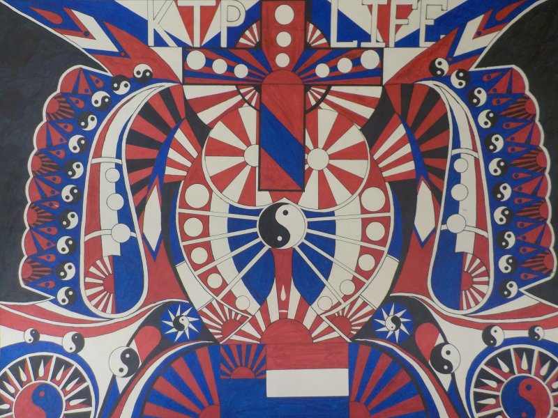 Blue, red, white, and black design with a yin-yang symbol in the middle