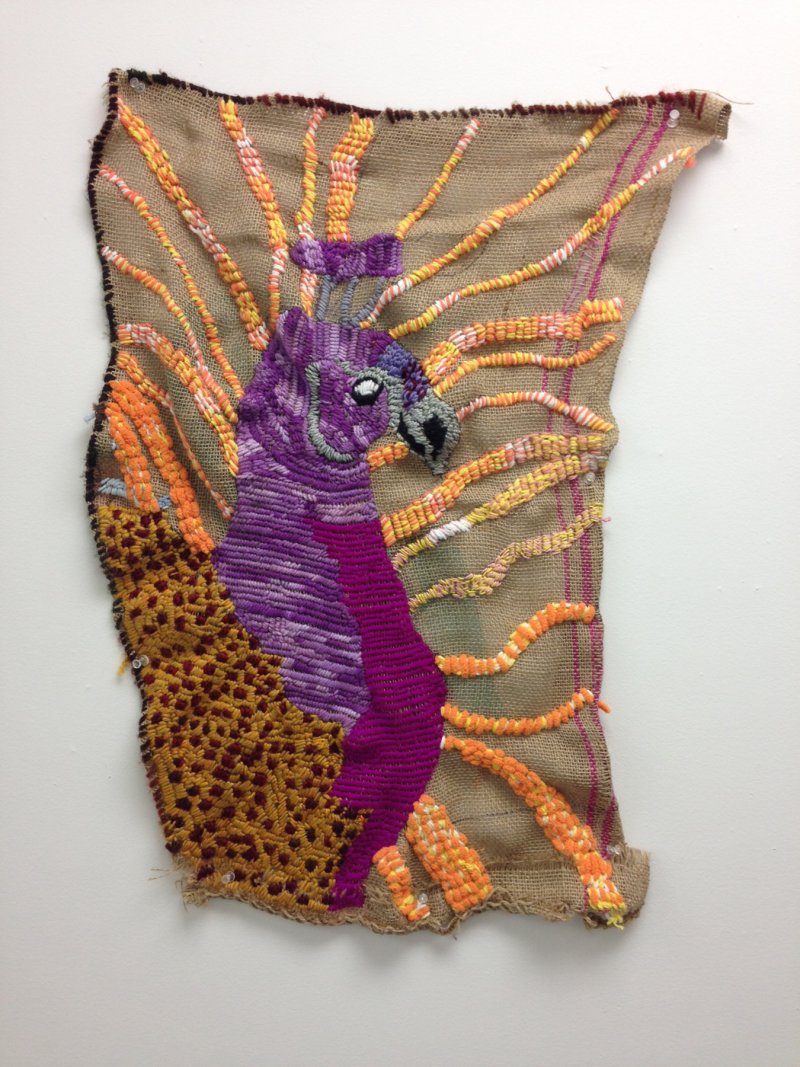 A purple peacock with orange feathers on a brown burlap background