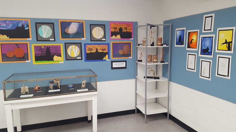 Installation view of the works of Springville-Griffith Institute students in the Education Exhibition Hallway