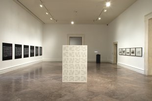 Installation view of Looking at Tomorrow: Light and Language from The Panza Collection, 1967–1990, with works by Joseph Kosuth, Sol LeWitt, Robert Barry, and Hamish Fulton. Photograph by Tom Loonan.