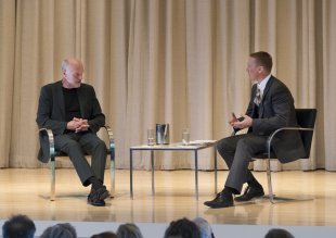 Anselm Kiefer in conversation with Peggy Pierce Elfvin Director Janne Sirén on stage in the Albright-Knox&#039;s Auditorium