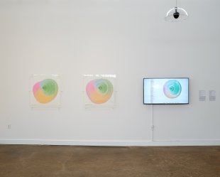 On the left, two works on paper that look like a bird&#039;s eye view of a colorful tree. On the right, a screen with a list of country names and another bird&#039;s eye view of a circle that looks like a bird&#039;s eye view of a colorful tree.