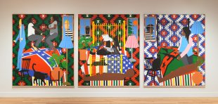 Triptych of painting by Abney: brightly colored and stylized figures amid symbols and signs of race in America