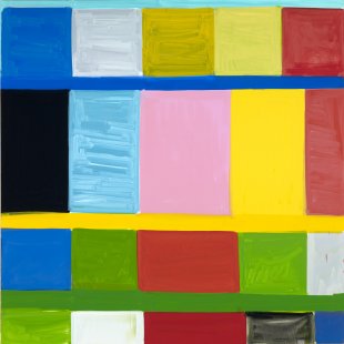 Multi-colored squares in a loose grid on a rectangular canvas, horizontal stripes frame the painting
