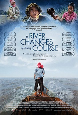 Film poster for A River Changes Course featuring a person standing at the front of a small wooden boat surrounded by a large body of water