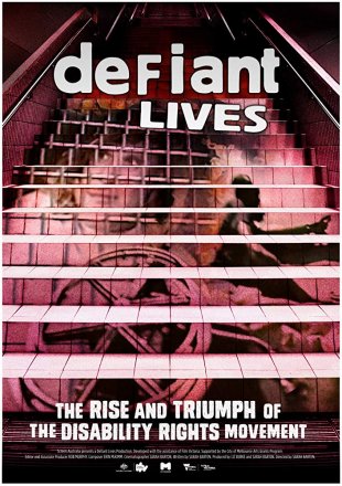 Film poster for &quot;Defiant Lives&quot; featuring images of people on the side of a staircase leading up