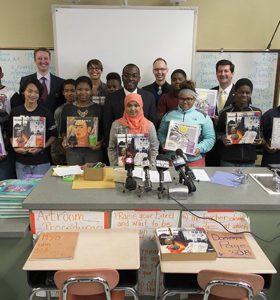 Students holding their new art kits at the Buffalo Elementary School of Technology #6