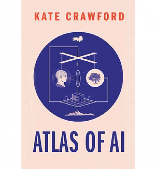 Cover of Atlas of AI, blue circle on pink background with abstract diagram