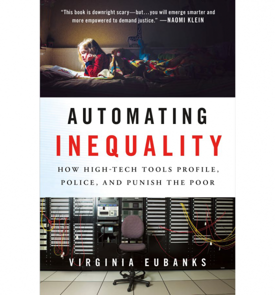 Cover of Automating Inequality, top of cover is child reading on a bed, bottom image is of a server