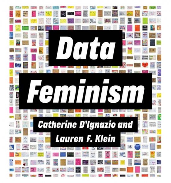 Data Feminism: Text on grid composite of multiple, multicolor images