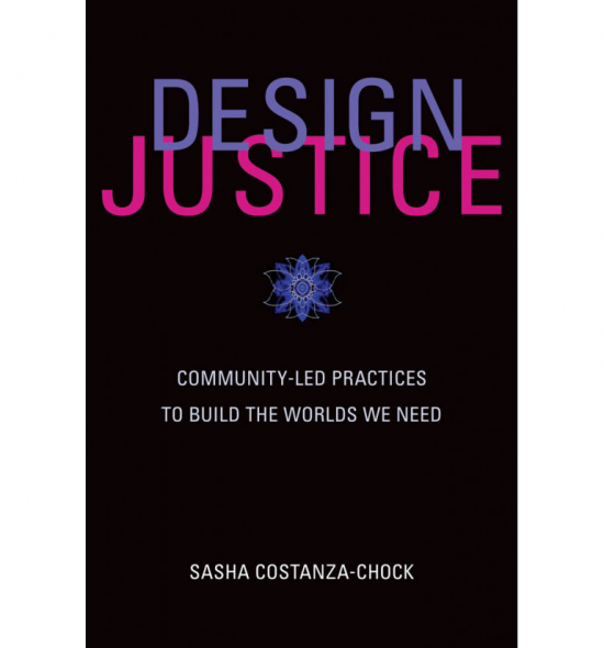 Cover of Design Justice: purple and pink text on black background with graphic of atom at center