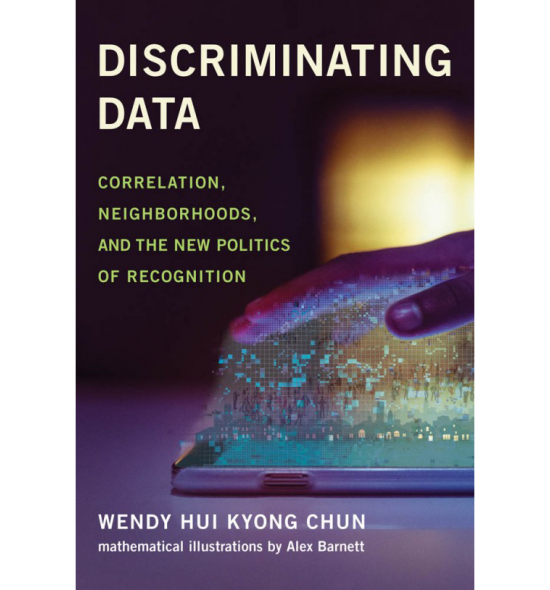 Cover of Discriminating Data: A hand touches a pixilated grid emanating from an elevated view of a city