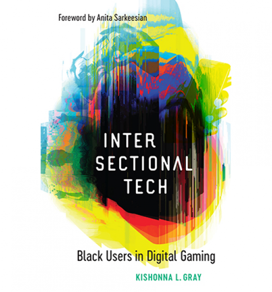 Cover of Intersectional Tech: abstract rainbow of colors layered on top of each other forming black center with text on white background