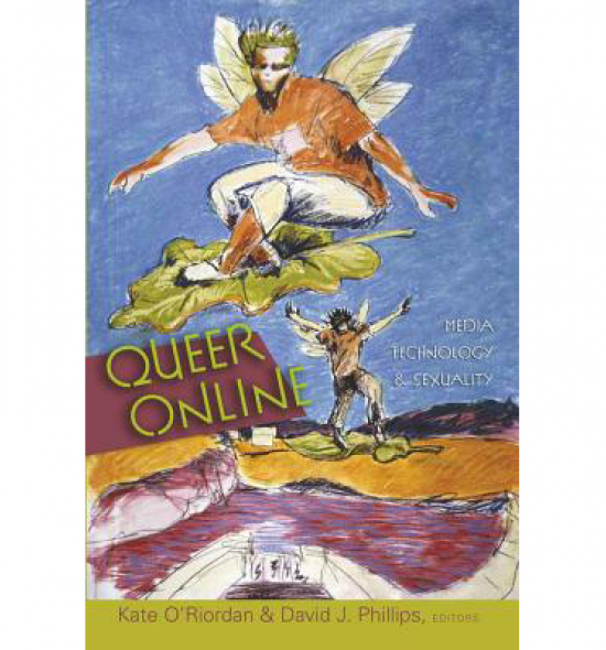 Cover of Queer Online: sketchy illustration of two figures with wings skateboarding with leaves for boards and surreal landscape