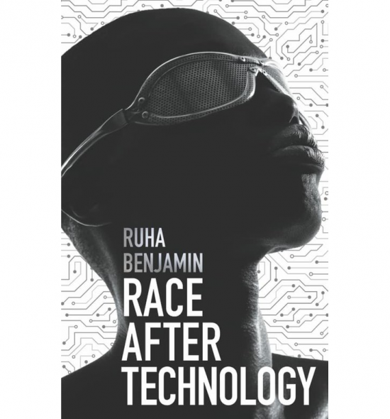Cover of Race After Technology: Black figure in shades against a white background with circuitboard design