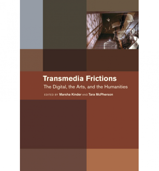 Cover of Transmedia Friction: abstract multicolor pattern with image of ghostly person in fedora smoking a cigarette overlaid over image of room with staircase