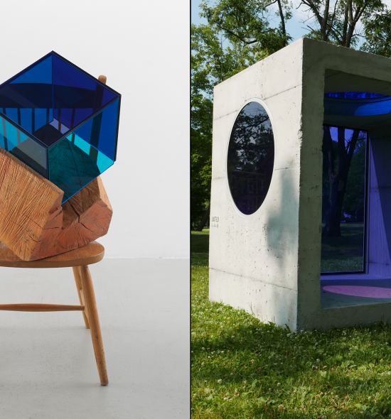 Composite image: (left) wooden chair facing front with block of wood resting on seat and blue transparent cube nestled in block; (right) concrete cube open on one side, sitting in a green field, circular porthole with blue colored glass on left site, blue colored glass cover the back wall of the cube, casting a blue light over interior of cube.