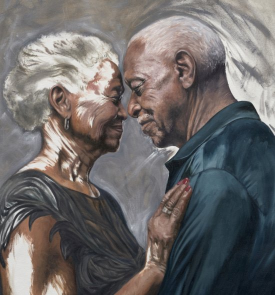 A close up of an oil painting of an older black man and woman in a close embrace, with their foreheads touching and the woman's hand resting on the man's chest 