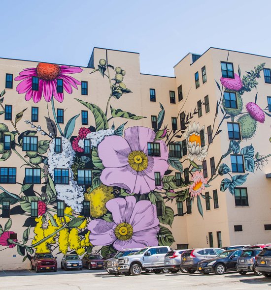 Giant flowers in several shades of pink, as well as purple, yellow, and white and their green stems and leaves cover much of the façade of a six-story building. A parking lot with cars in front of the building is visible in the foreground of the image.