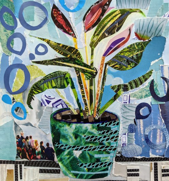 A collage depicting a green potted plant in front of a blue background