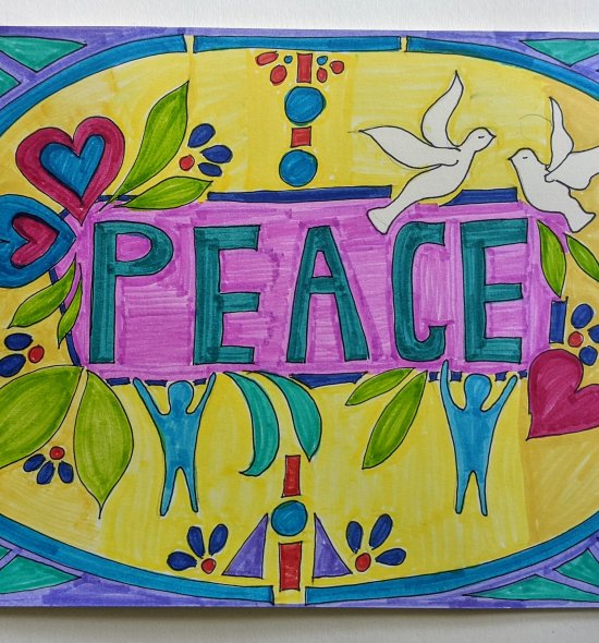 A colorful drawing with the word &quot;PEACE&quot; in the middle surrounded by plants and white doves