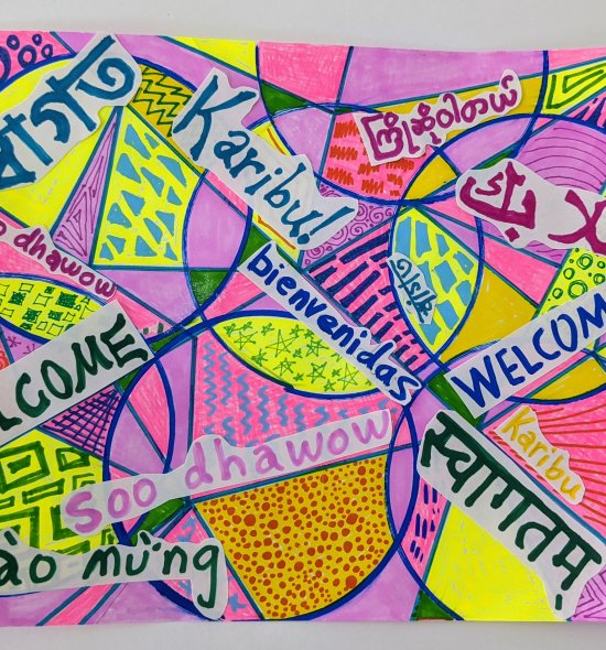 A colorful drawing with shapes and words in different languages