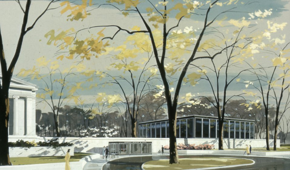 Watercolor rendering of Gordon Bunshaft&#039;s proposed addition to the Albright Art Gallery