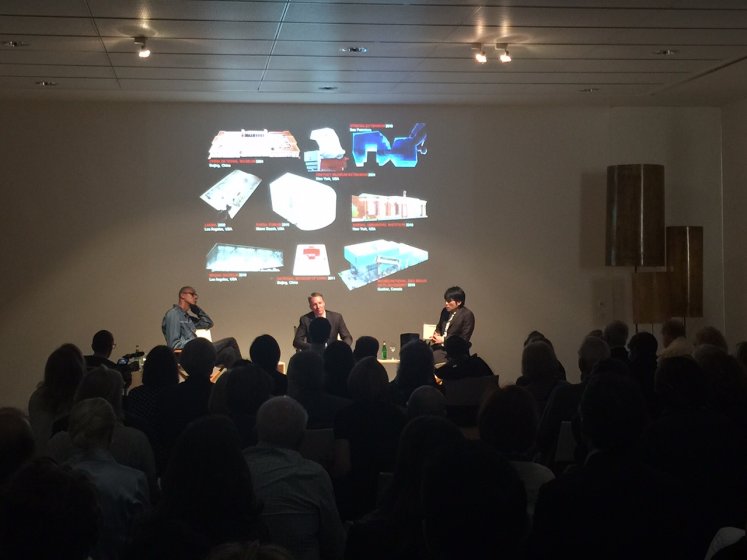 Artist Mark Bradford, Peggy Pierce Elfvin Director Dr. Janne Sirén, and architect Shohei Shigematsu/OMA in a panel discussion