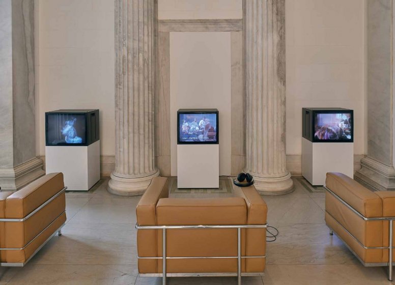 Installation view of Authorized to Surrender: A Video Retrospective, 1991, Homework Helpline, 1994–95, and a selection of Conrad’s later works in video in Introducing Tony Conrad: A Retrospective