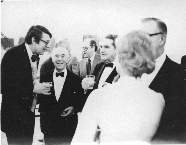 Artist Richard Diebenkorn and Board President Seymour H. Knox, Jr. at the opening of Richard Diebenkorn: Paintings and Drawings, 1943–1976, Albright-Knox Art Gallery, November 12, 1976